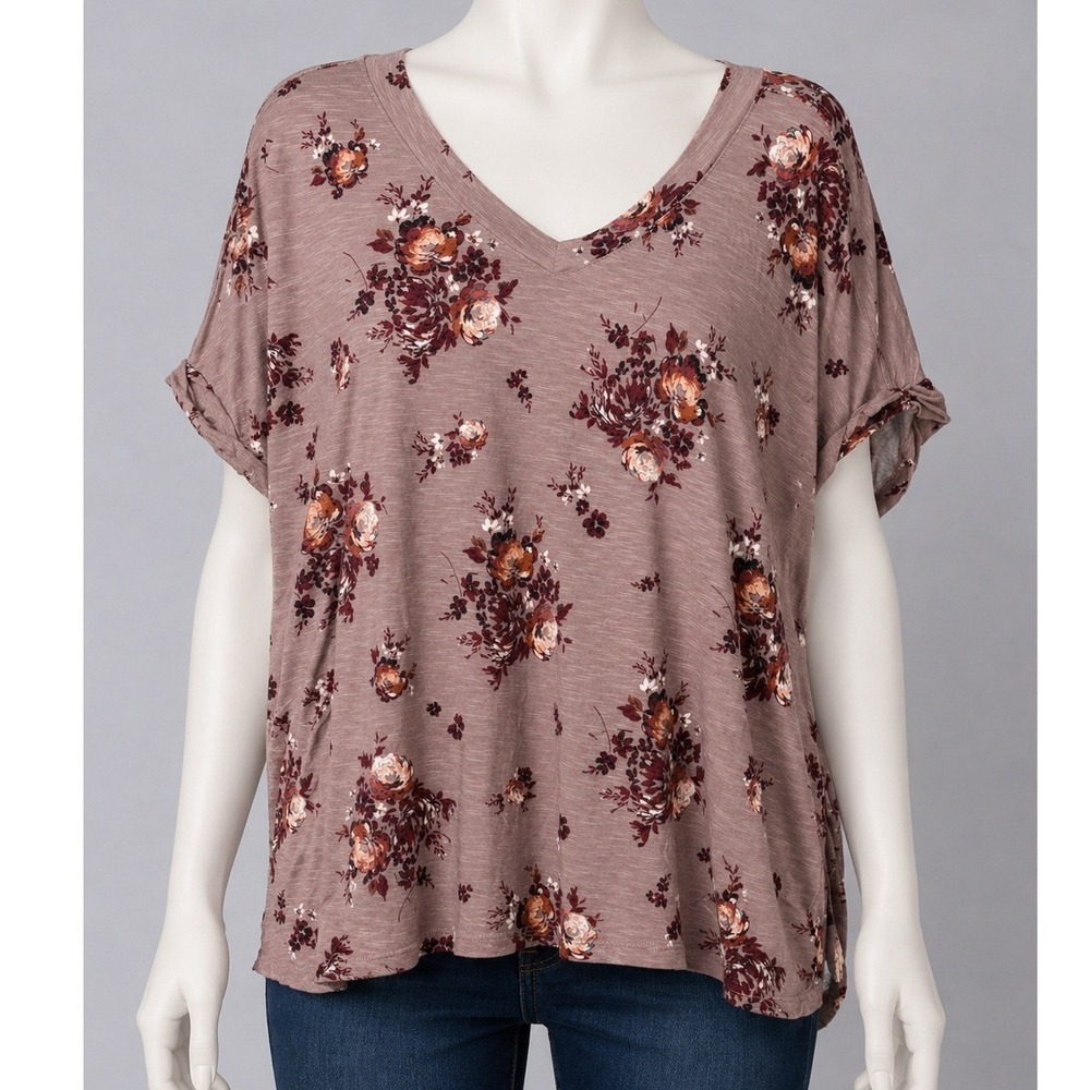 24/7 by Maurices Womens T-Shirt Mauve Floral V-Neck Slub Knit 3X